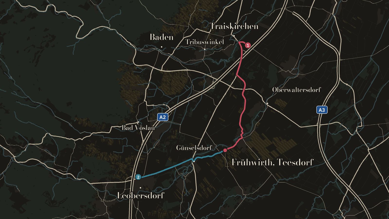 Map of the Thermenregion in the style of a copper engraving: the A2 motorway from Traiskirchen in the north to Leobersdorf in the south, with the route from the Traiskirchen exit (wine red, 1) and from the Leobersdorf exit (petrol, 2) to the estate in Teesdorf