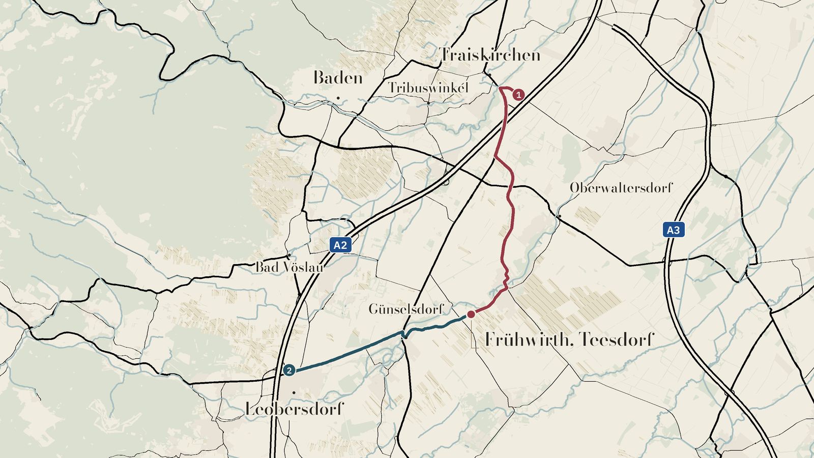 Karte der Thermenregion im Stil eines Kupferstichs: die Autobahn A2 von Traiskirchen im Norden bis Leobersdorf im Süden, eingezeichnet der Weg von der Abfahrt Traiskirchen (weinrot, 1) und von der Abfahrt Leobersdorf (petrol, 2) zum Hof in Teesdorf