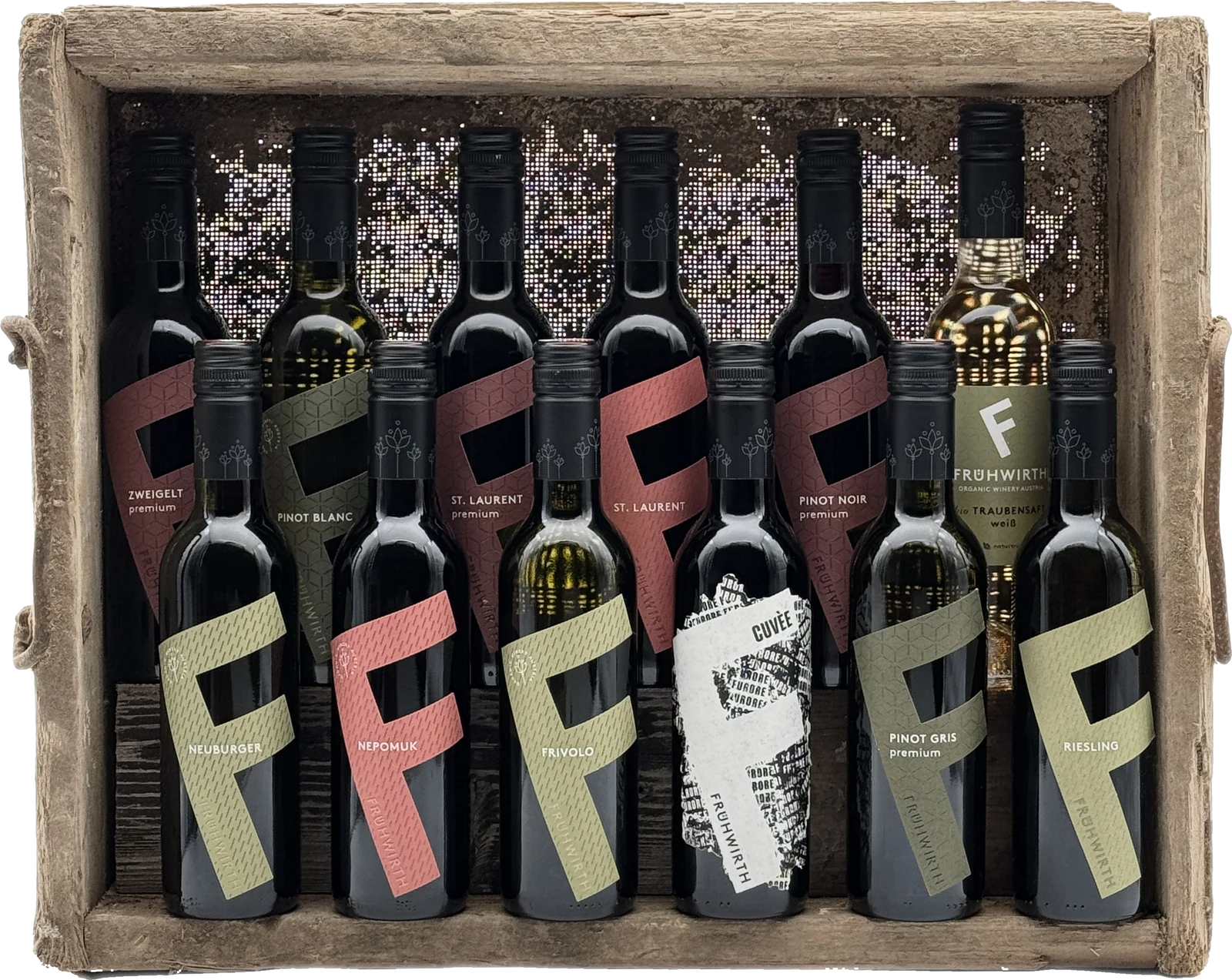 Flasche Verkostungspaket vor einer Rostwand