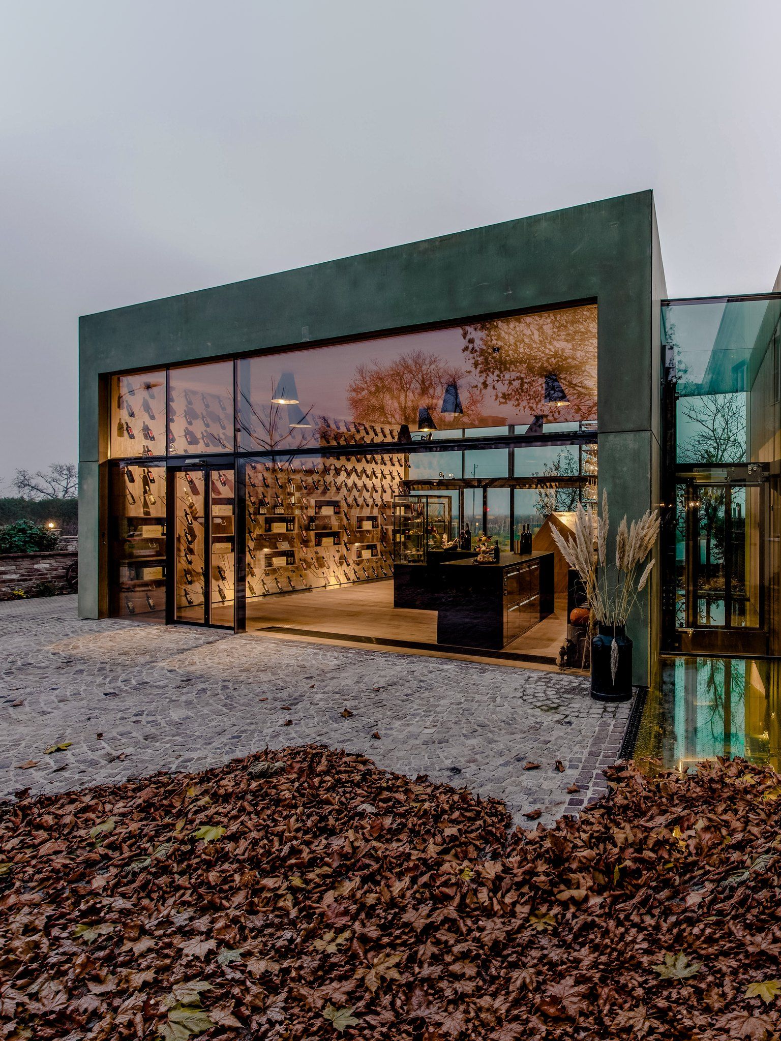 Die Vinothek von außen, ein grüner Kubus mit Glasfront, davor Pflaster und Herbstlaub